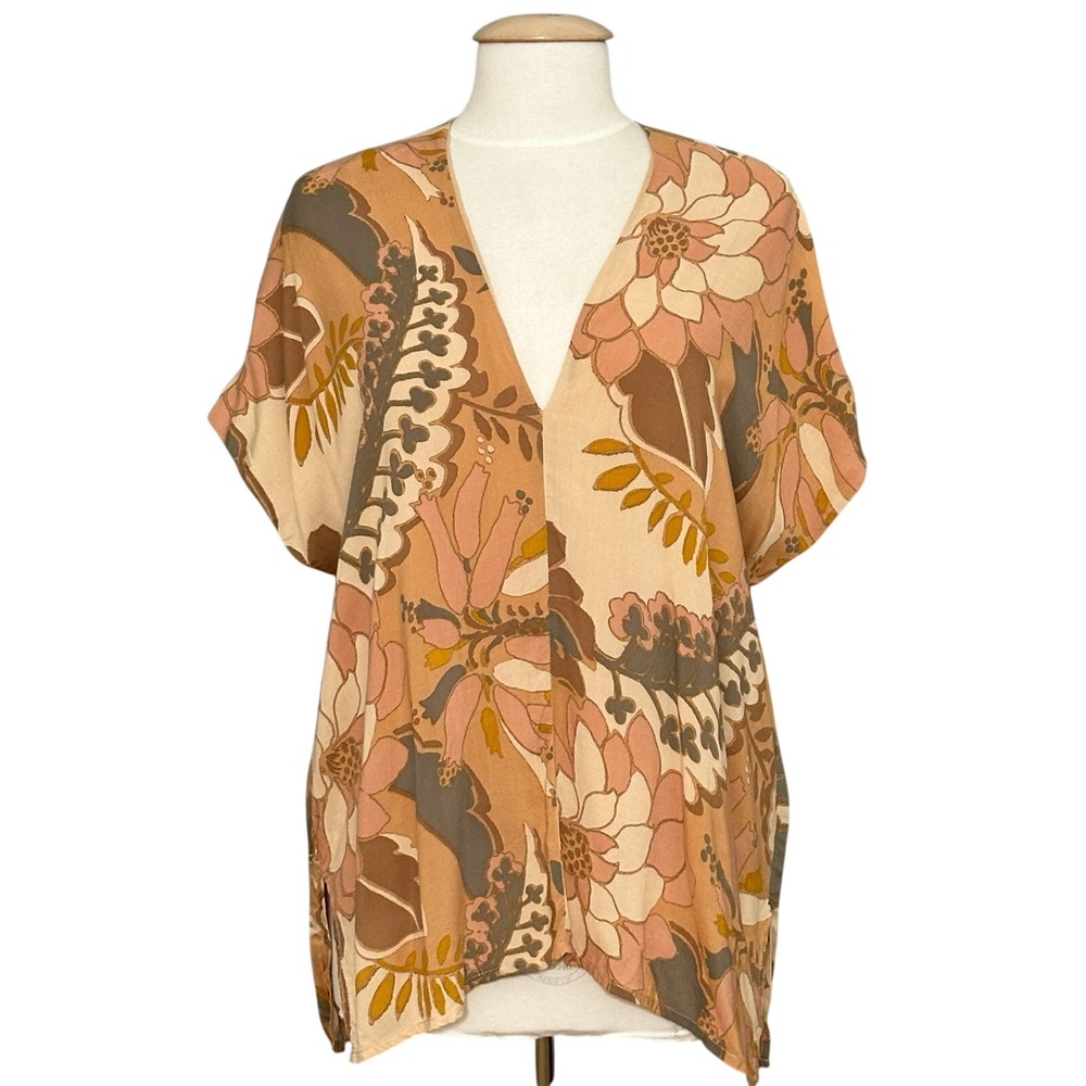 Retro Boho Womens Top S Terracotta Floral Relaxed Tunic Earthy Beachy Cottage